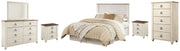 Willowton Queen/Full Panel Headboard Bed with Mirrored Dresser, Chest and 2 Nightstands in Whitewash from Ashley - Lara Furniture