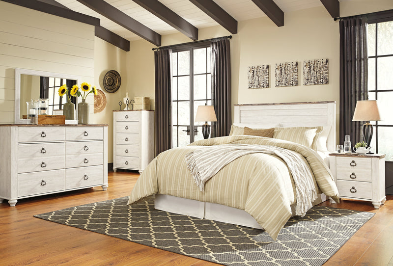 Willowton Queen/Full Panel Headboard Bed with Mirrored Dresser, Chest and Nightstand in Whitewash from Ashley - Lara Furniture