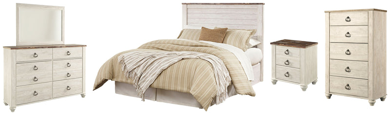 Willowton Queen/Full Panel Headboard Bed with Mirrored Dresser, Chest and Nightstand in Whitewash from Ashley - Lara Furniture