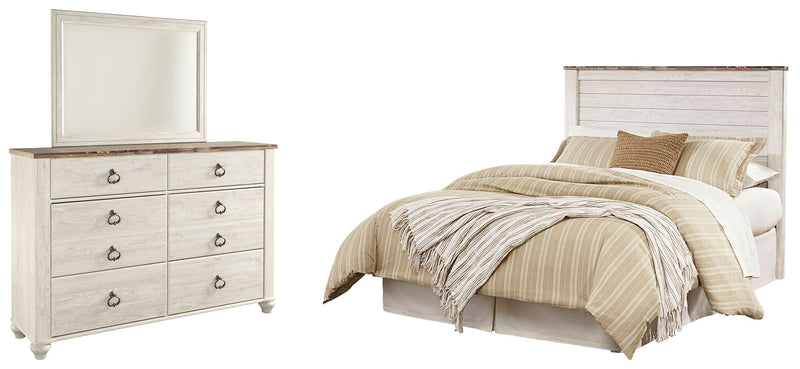 Willowton Queen/Full Panel Headboard Bed with Mirrored Dresser in Whitewash from Ashley - Lara Furniture
