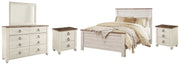 Willowton Queen Panel Bed with Mirrored Dresser and 2 Nightstands in Whitewash - PKG004367