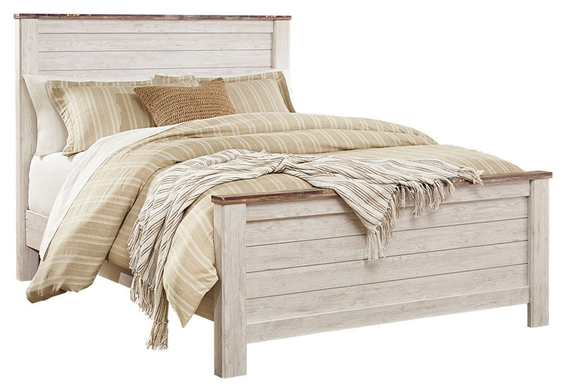 Willowton Queen Panel Bed with Mirrored Dresser and 2 Nightstands in Whitewash - PKG004367