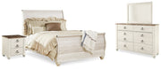 Willowton Queen Sleigh Bed with Mirrored Dresser and 2 Nightstands in Whitewash from Ashley - Lara Furniture