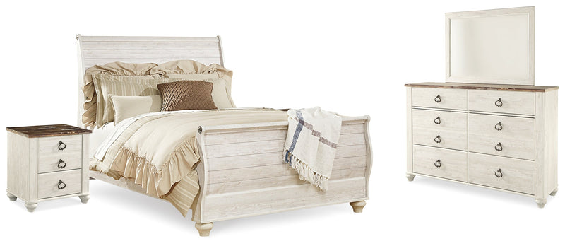 Willowton Queen Sleigh Bed with Mirrored Dresser and 2 Nightstands in Whitewash from Ashley - Lara Furniture