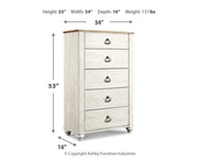 Willowton Queen Sleigh Bed with Mirrored Dresser and Chest in Whitewash - PKG004385