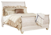 Willowton Queen Sleigh Bed with Mirrored Dresser and Chest in Whitewash - PKG004386