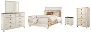 Willowton Queen Sleigh Bed with Mirrored Dresser, Chest and Nightstand in Whitewash - PKG004433