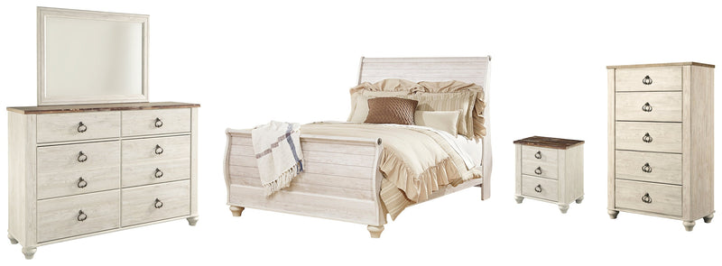 Willowton Queen Sleigh Bed with Mirrored Dresser, Chest and Nightstand in Whitewash - PKG004433