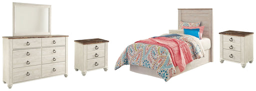 Willowton Twin Panel Headboard Bed with Mirrored Dresser and 2 Nightstands in Whitewash from Ashley - Lara Furniture