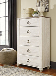 Willowton Twin Panel Headboard Bed with Mirrored Dresser and Chest in Whitewash - PKG004379
