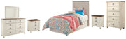 Willowton Twin Panel Headboard Bed with Mirrored Dresser, Chest and 2 Nightstands in Whitewash from Ashley - Lara Furniture