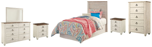 Willowton Twin Panel Headboard Bed with Mirrored Dresser, Chest and 2 Nightstands in Whitewash from Ashley - Lara Furniture