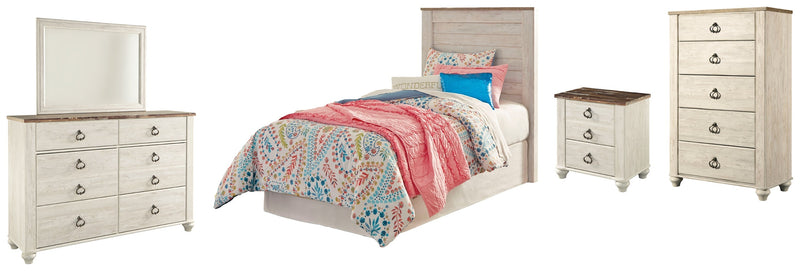 Willowton Twin Panel Headboard Bed with Mirrored Dresser, Chest and Nightstand in Whitewash from Ashley - Lara Furniture