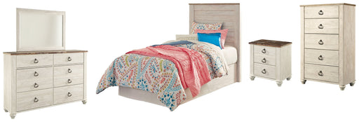 Willowton Twin Panel Headboard Bed with Mirrored Dresser, Chest and Nightstand in Whitewash from Ashley - Lara Furniture