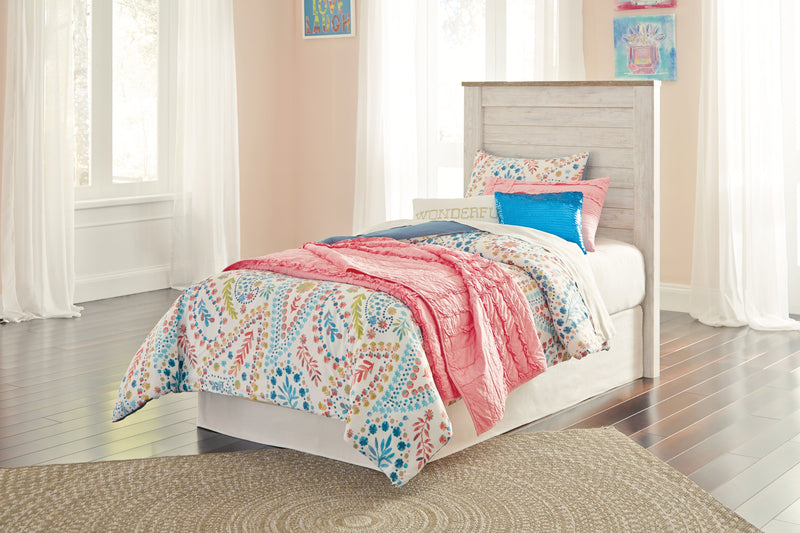 Willowton Twin Panel Headboard Bed with Mirrored Dresser, Chest and Nightstand in Whitewash from Ashley - Lara Furniture