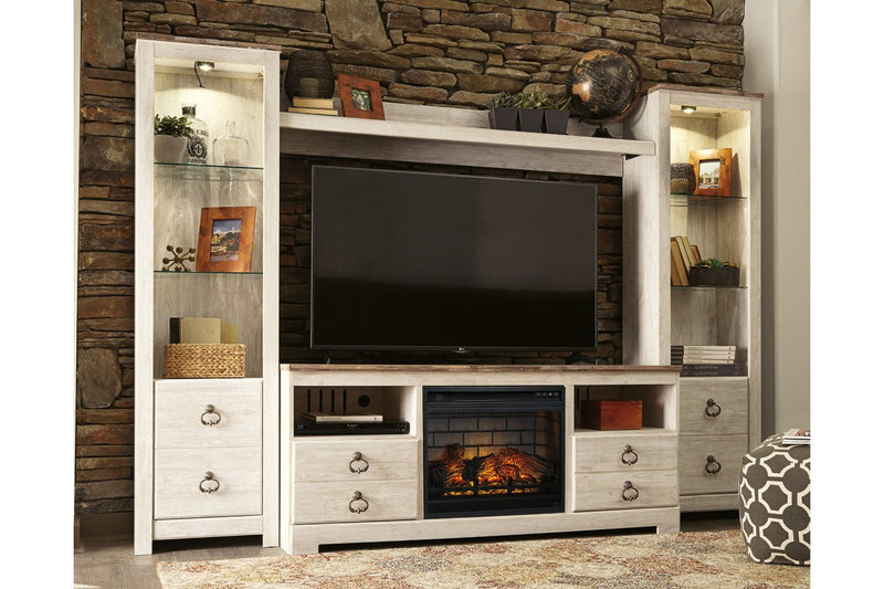 Willowton Whitewash 4 - Piece Entertainment Center with Electric Fireplace - Lara FurnitureEntertainment Center
