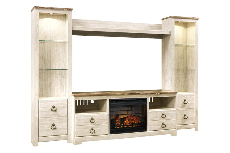 Willowton Whitewash 4 - Piece Entertainment Center with Electric Fireplace - Lara FurnitureEntertainment Center