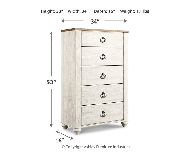 Willowton Whitewash Full Panel Bed, Dresser, Mirror, 2 Chests and nightstand - B267B40