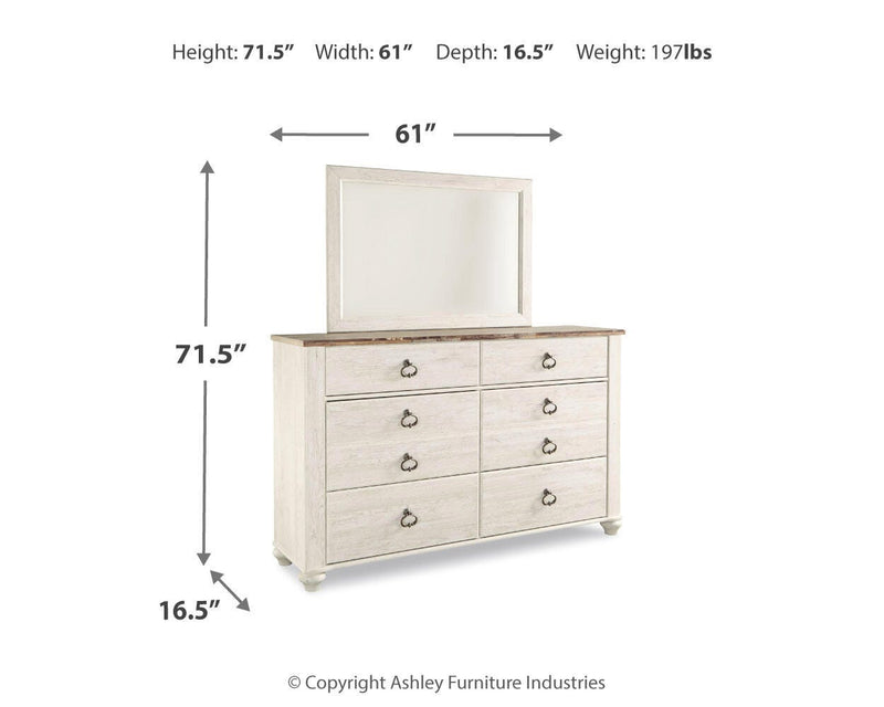 Willowton Whitewash Full Panel Bed, Dresser, Mirror, Chest and Nightstand - B267B64