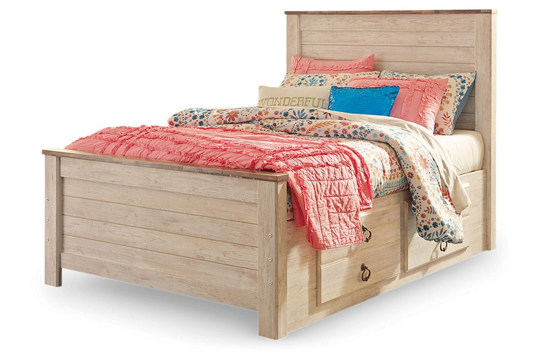 Willowton Whitewash Full Panel Bed with 2 Storage Drawers - Gate FurnitureFull Bed