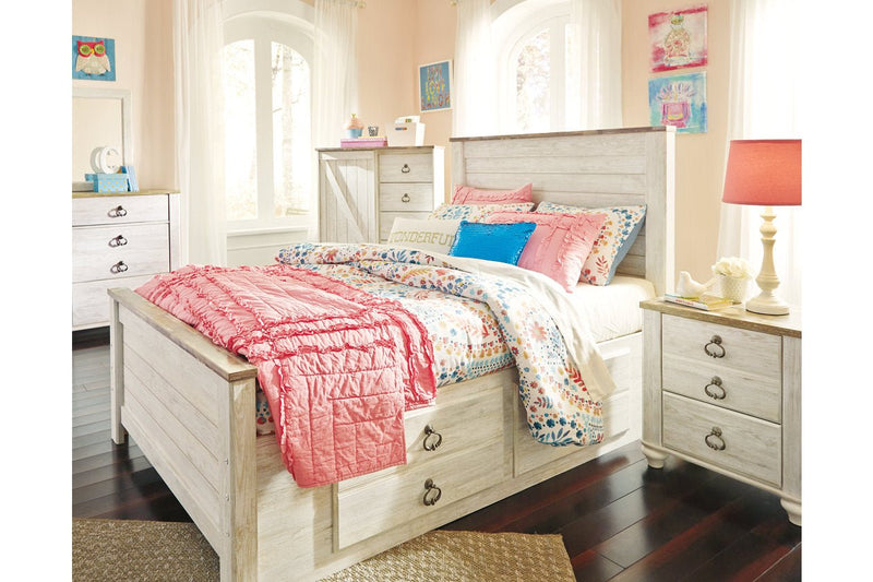 Willowton Whitewash Full Panel Bed with 2 Storage Drawers - Lara FurnitureFull Bed