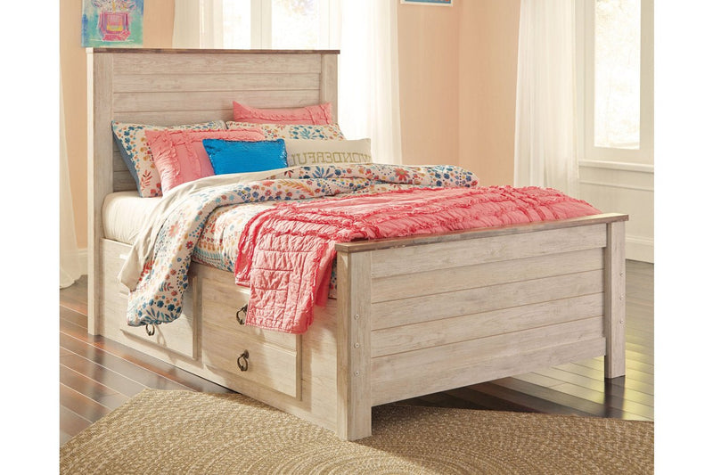 Willowton Whitewash Full Panel Bed with 2 Storage Drawers - Lara FurnitureFull Bed