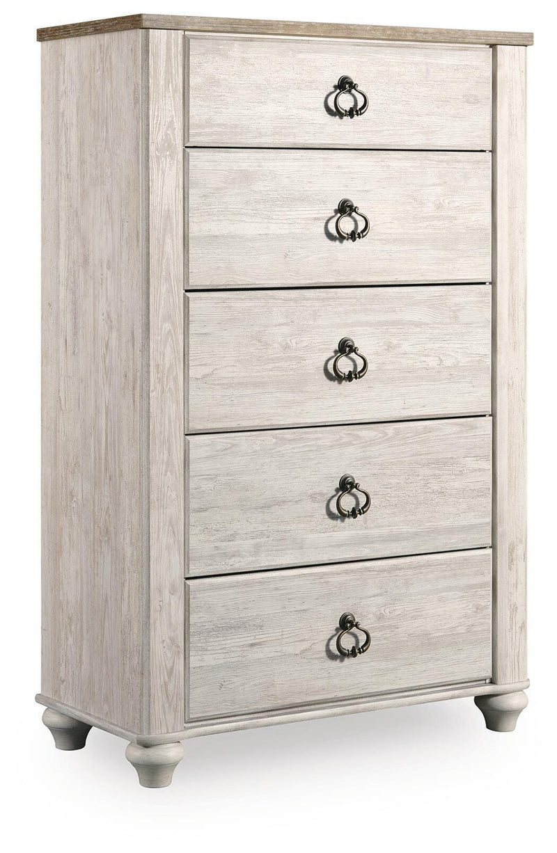 Willowton Whitewash Full Panel Bed with storage, Dresser, Mirror, Chest and Nightstand - B267B12