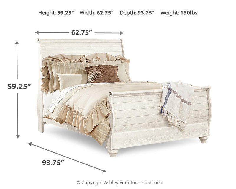 Willowton Whitewash Queen Sleigh Bed, 2 Dressers, Mirror, Chest and 2 Nightstands - B267B39