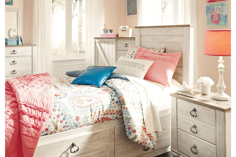 Willowton Whitewash Twin Panel Bed with 2 Storage Drawers - Lara FurnitureTwin Bed