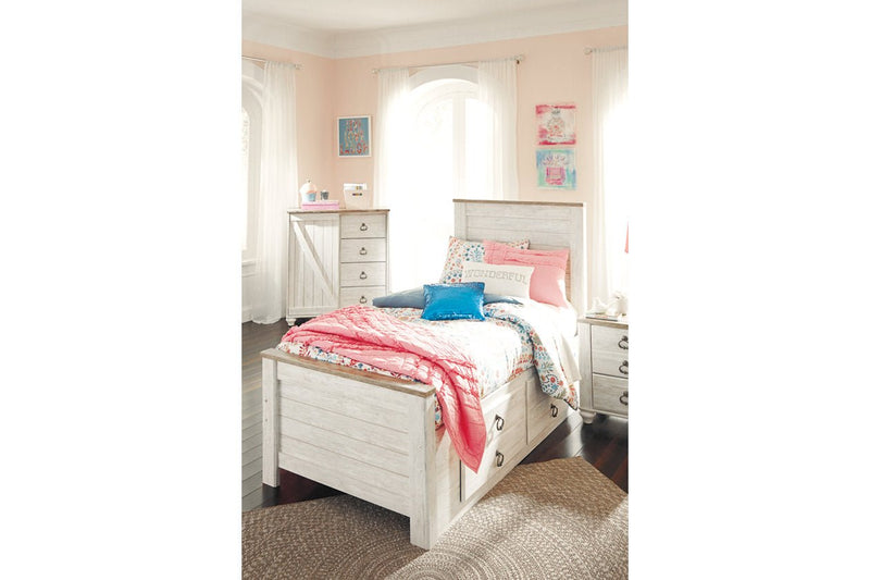 Willowton Whitewash Twin Panel Bed with 2 Storage Drawers - Lara FurnitureTwin Bed