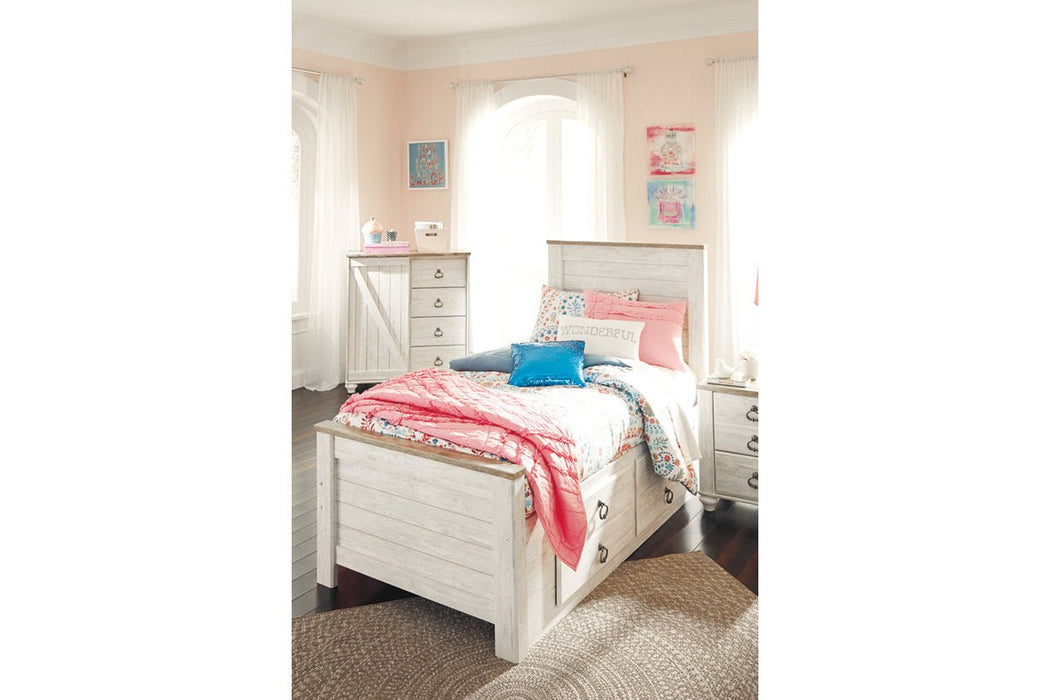 Willowton Whitewash Twin Panel Bed with 2 Storage Drawers - Gate FurnitureTwin Bed