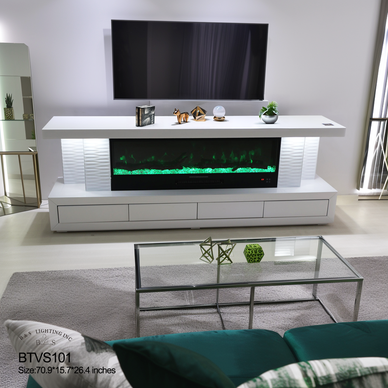 WTVS101 71X16X26 INCHES WHITE TV STAND FIREPLACE WITH BLUETOOTH SPEAKERS - 210000007812