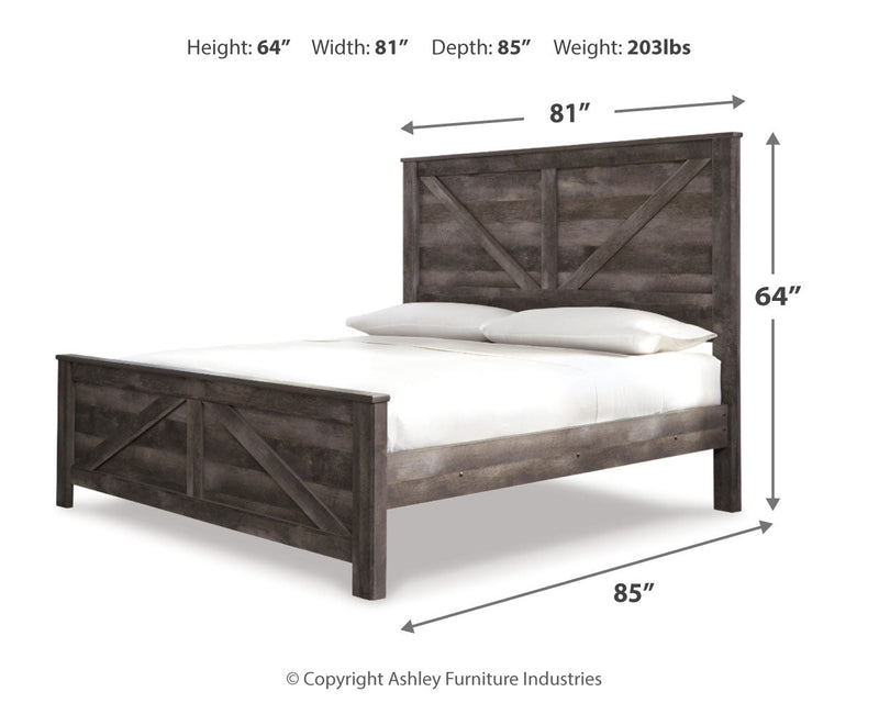 Wynnlow King Crossbuck Panel Bed with Mirrored Dresser and 2 Nightstands in Gray - PKG005679