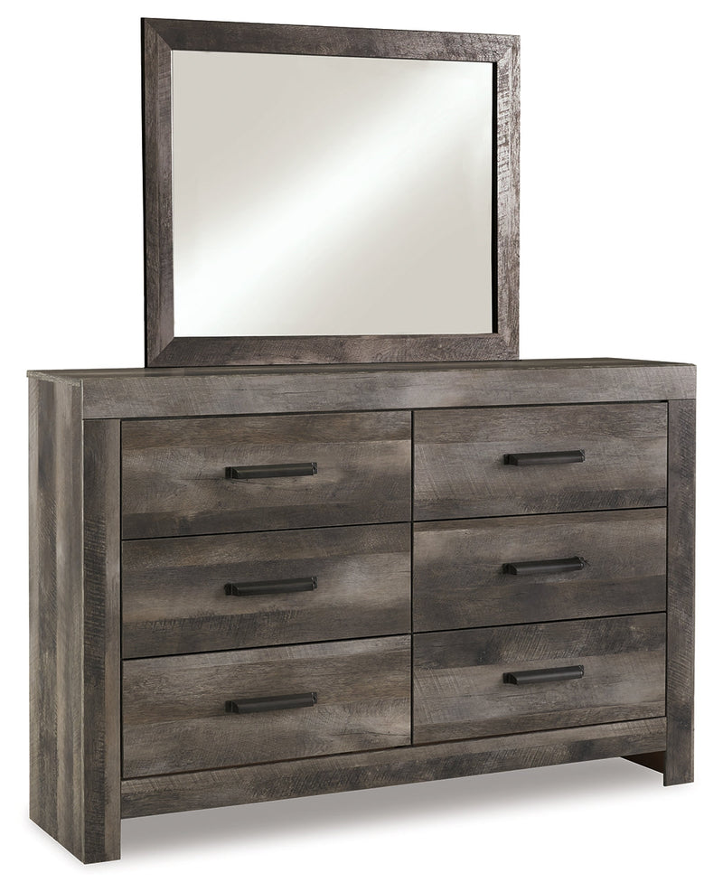 Wynnlow King Crossbuck Panel Bed with Mirrored Dresser, Chest and Nightstand in Gray - PKG005695