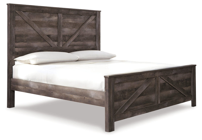 Wynnlow King Crossbuck Panel Bed with Mirrored Dresser, Chest and Nightstand in Gray - PKG005695