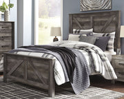 Wynnlow Queen Crossbuck Panel Bed with Mirrored Dresser and 2 Nightstands in Gray - PKG005684