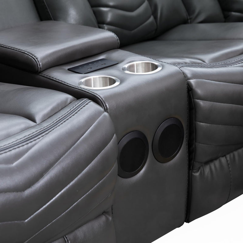 Zenith - 3PC Gray Power Sectional, Bluetooth Speaker, Two storage console, Cup Holder, Built-in LED Light, USB Charger - S481-Sectional