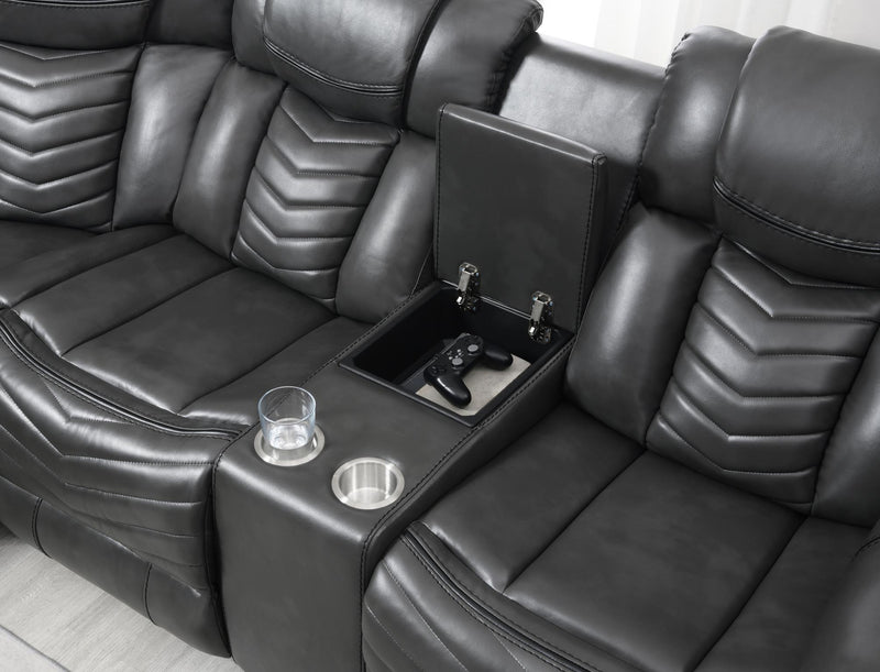Zenith - 3PC Gray Power Sectional, Bluetooth Speaker, Two storage console, Cup Holder, Built-in LED Light, USB Charger - S481-Sectional