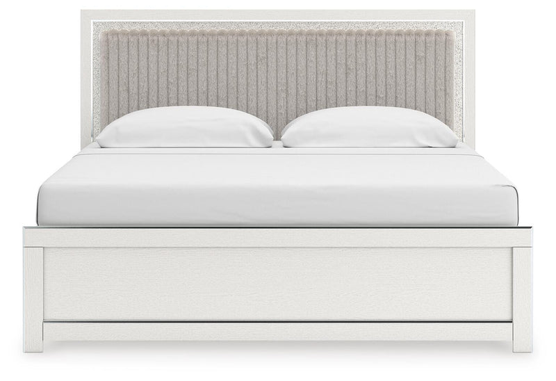 Zuraleus King Upholstered Panel Bed, Dresser, Mirror, Chest and Nightstand in White - PKG022836