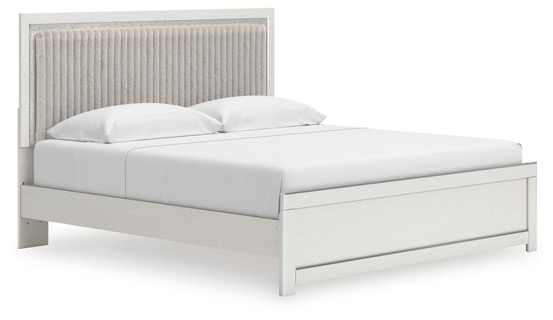 Zuraleus King Upholstered Panel Platform Bed, Dresser and Mirror in White - PKG022815