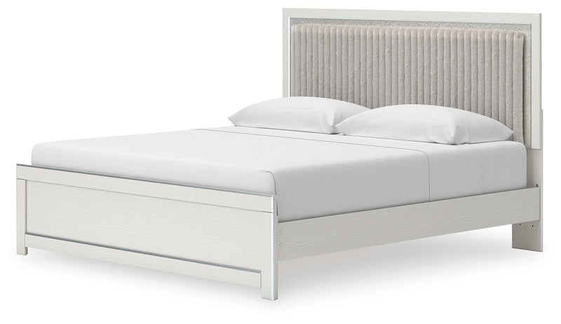 Zuraleus King Upholstered Panel Platform Bed, Dresser and Mirror in White - PKG022815
