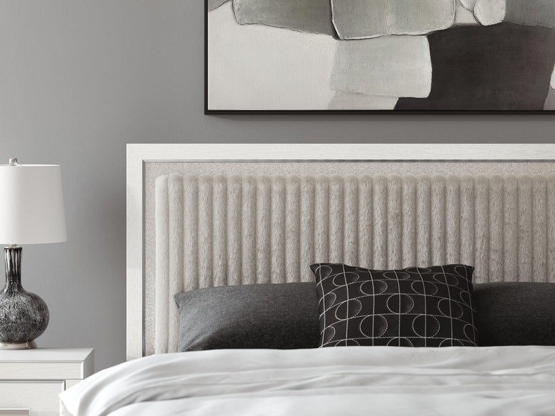 Zuraleus King Upholstered Panel Platform Bed, Dresser and Mirror in White - PKG022815