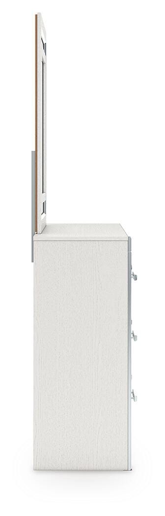 Zuraleus King Upholstered Panel Platform Bed, Dresser and Mirror in White - PKG022815