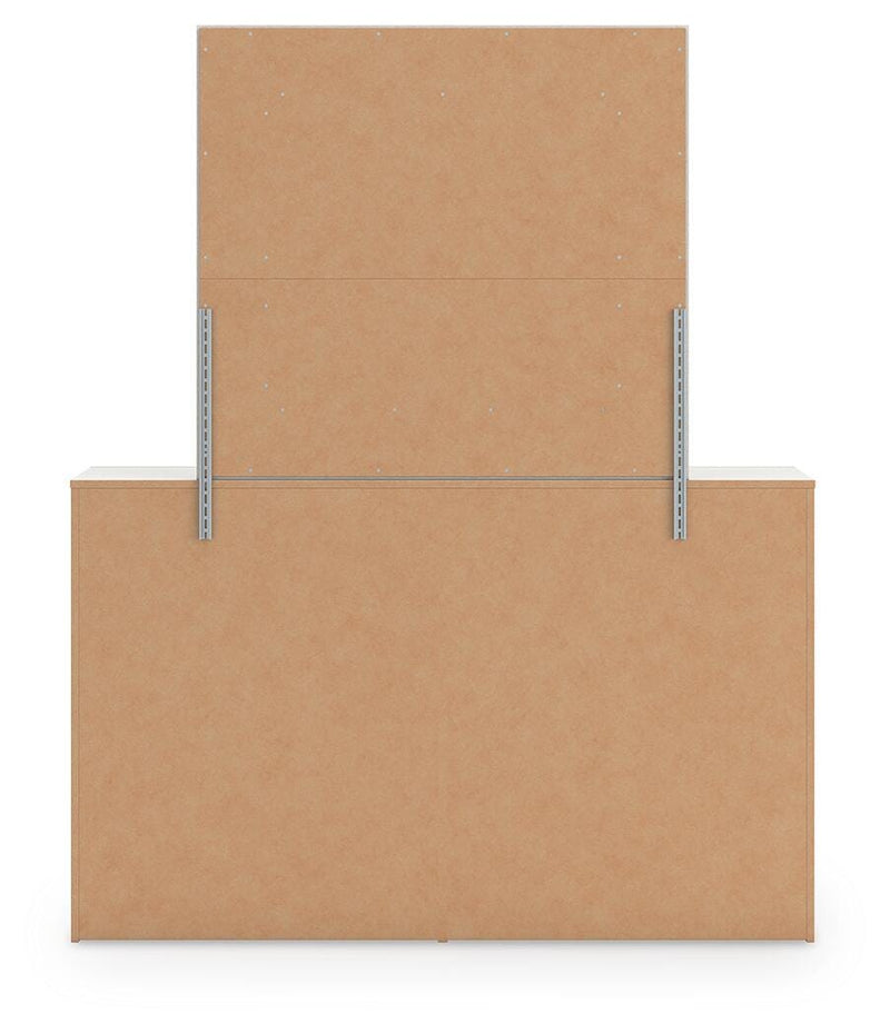Zuraleus King Upholstered Panel Platform Bed, Dresser and Mirror in White - PKG022815