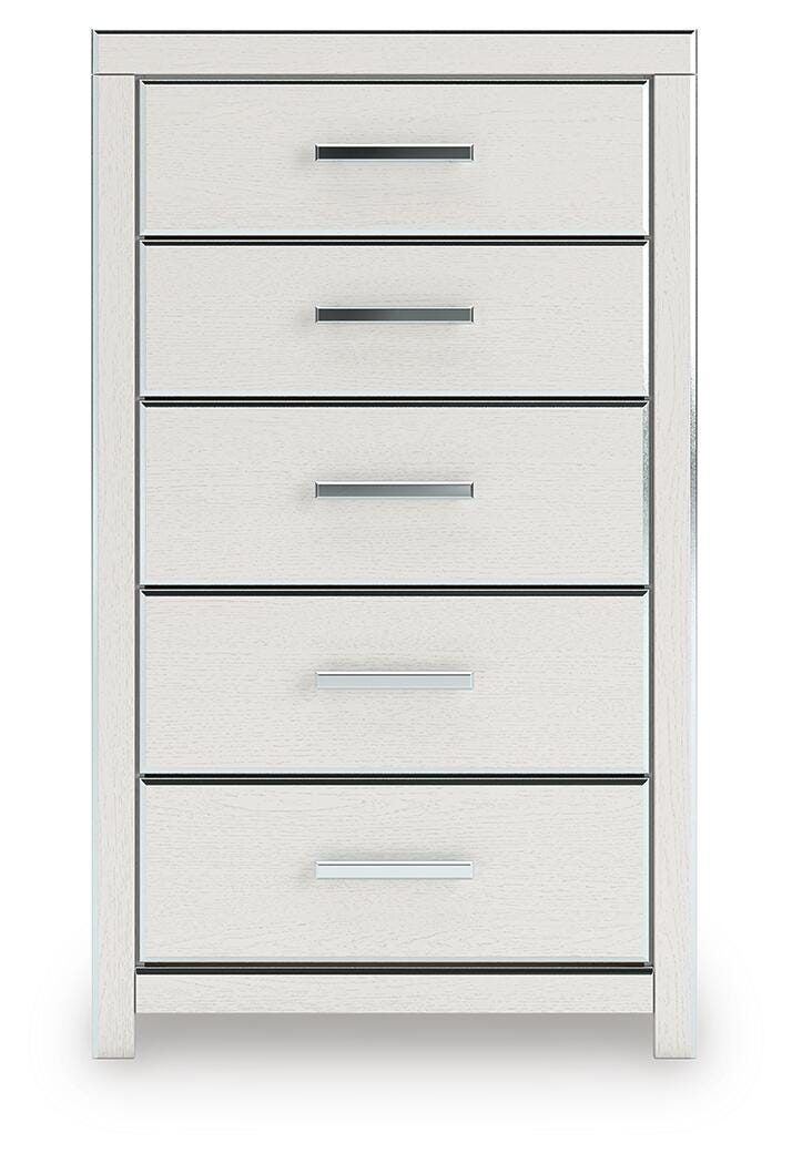 Zuraleus King Upholstered Panel Platform Bed, Dresser, Mirror and Chest in White - PKG022819