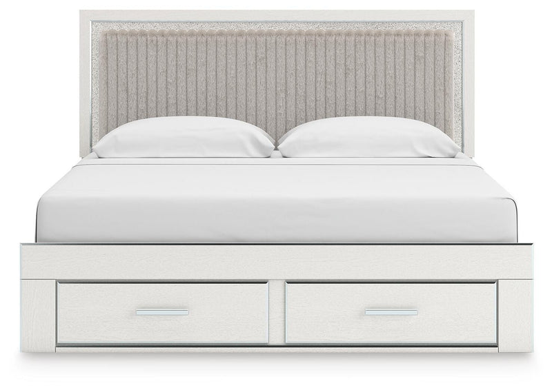 Zuraleus King Upholstered Panel Platform Storage Bed, Dresser and Chest in White - PKG022824