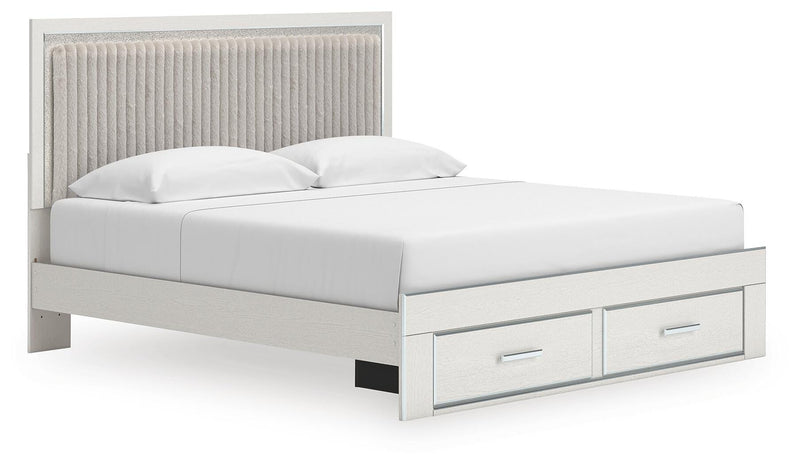 Zuraleus King Upholstered Panel Platform Storage Bed, Dresser, Mirror and Chest in White - PKG022827