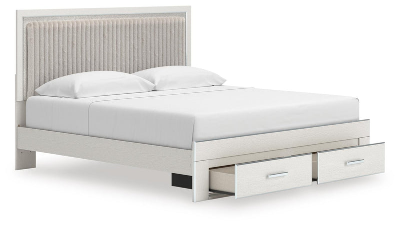Zuraleus King Upholstered Panel Platform Storage Bed, Dresser, Mirror and Chest in White - PKG022827