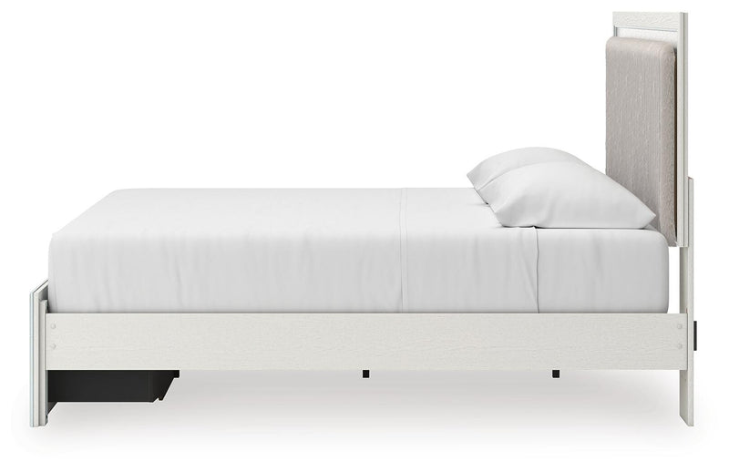 Zuraleus King Upholstered Panel Platform Storage Bed, Dresser, Mirror and Chest in White - PKG022827