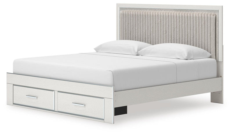 Zuraleus King Upholstered Panel Platform Storage Bed, Dresser, Mirror and Nightstand in White - PKG022826